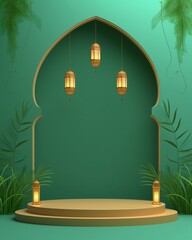 3d modern islamic podium in green background with lantern, mosque, grass, plant, gold. banner for islamic banner festivity like eid al adha, fitr, ramadhan, etc