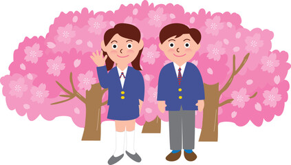 ブレザー制服の生徒と桜
