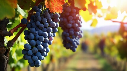 Ripe red wine grapes in vineyard on sunny day.