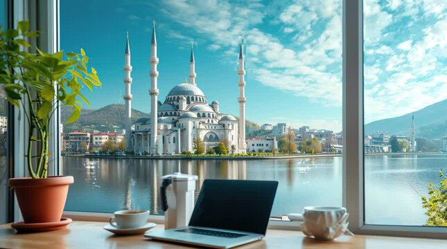 Laptop Rests Overlooking a Breathtaking Mosque Through the Window Seamless looping 4k time-lapse virtual video animation background. Generated AI