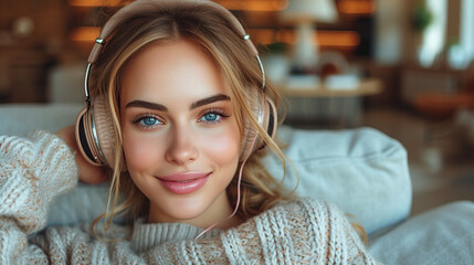 Happy young woman with headphones listening to music at home