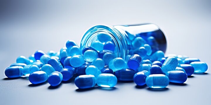 Blue pills spilling out of pill bottle on blue background with copy space