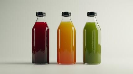 Three sleek bottles filled with vibrant red, green, and orange juices, capped with black tops, set against a soft white backdrop