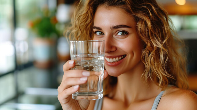Caucasian woman holding a glass of clear water Smile for the camera.. Focus on a specific point. Close. The concept of good health. Take care of your skin to be beautiful and healthy.