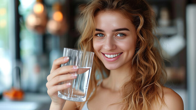 Caucasian woman holding a glass of clear water Smile for the camera.. Focus on a specific point. Close. The concept of good health. Take care of your skin to be beautiful and healthy.