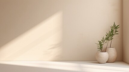 Fototapeta premium Minimalist view with vases on a sunlit beige wall.