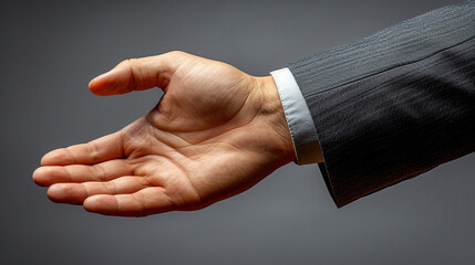 Fototapeta premium Male hands in a suit making a palm gesture on a gray background. concept of request