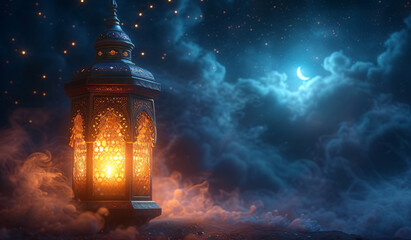 Happy Ramadan, Welcome Ramadan, Eid ul FItr backgrounds - islamic lantern on the background with moon and stars on gold background, calligraphy-inspired - Ai
