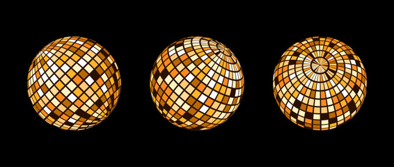 Orange disco ball set. Collection of wireframe spheres in different angles. Grid globe or checkered ball bundle. Gold mirrorball element pack for poster, banner, music cover, party. Vector