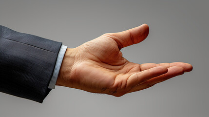 Male hands in a suit making a palm gesture on a gray background. concept of request - obrazy, fototapety, plakaty