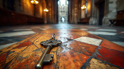 Vintage key on an old wooden floor with a blurred cathedral aisle in the background, invoking a historical mystery - obrazy, fototapety, plakaty