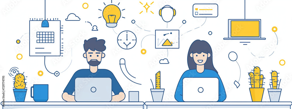Fototapete Teamwork business concept illustration modern vector simple outline style drawing for graphic and web design