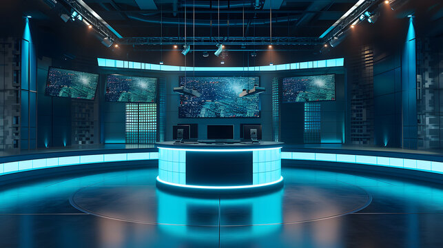 3d rendering tv studio or studio with blue screen for tv program.