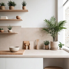 Obraz na płótnie Canvas Serenity in Minimalism - Professional close-up photo of a cozy home office with minimalist kitchen and indoor plants Gen AI