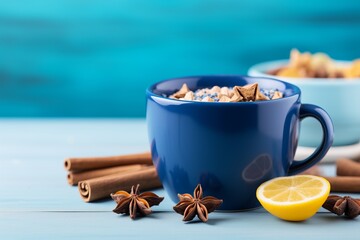 Cup of coffee with lemon, cinnamon and star anise on blue wooden table
