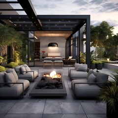  an outdoor patio with a modern industrial vibe. Picture concrete flooring, metal furniture, and minimalist planters