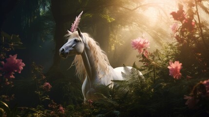 A beautiful, graceful unicorn in a fabulous forest. A fictional character, mythology.