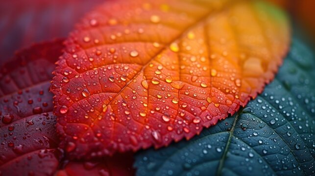 Close-up of vibrant autumn leaves in red, orange, and blue hues with fresh raindrops, highlighting nature's textures.