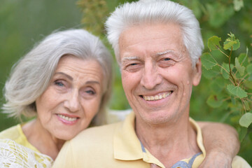 Portrait of beautiful elderly couple together in park