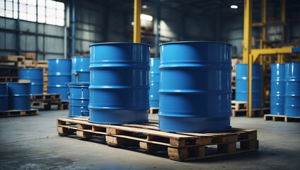 Blue barrel drum on the pallets contain - obrazy, fototapety, plakaty