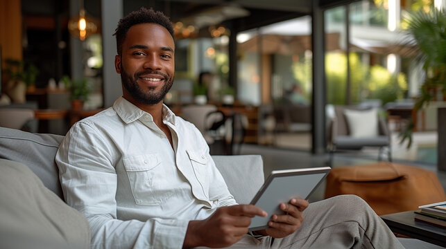 Portrait of a handsome young businessman sitting on a modern sofa. Holding a digital tablet and smiling broadly at the camera