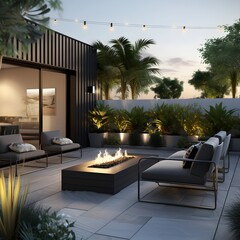  an outdoor patio with a modern industrial vibe. Picture concrete flooring, metal furniture, and minimalist planters