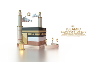 Eid Hajj or Eid Al-Adha Mubarak Illustration Template with 3D Kabah (Mosque of Mecca) and Islamic Lantern perfect for Background, Invitation or Greeting Cards, etc.