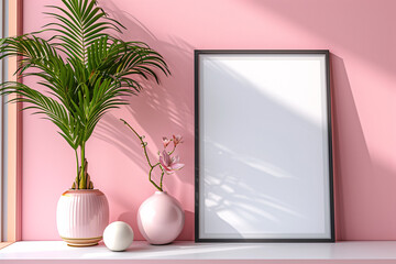 Wooden Poster Frame Mockup elegance in every detail, complemented by wall decor a vase with plants and leaves, wooden frame incorporates botanical accents, bathed in sunlight from the window
