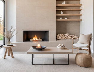 Fototapeta premium Minimalistic Home Office with Zen Elements and Modern Fireplace Gen AI
