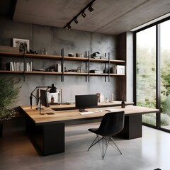 a minimalist home office with an industrial touch. Picture a desk with clean lines, exposed pipes, and raw concrete walls