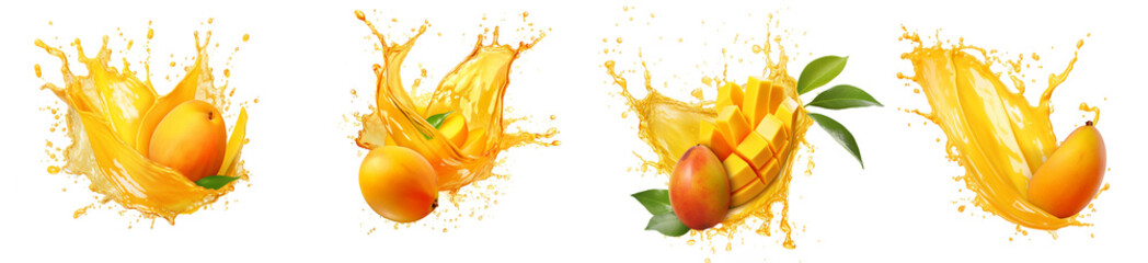 set of mango in juice splash on transparent background ai generated