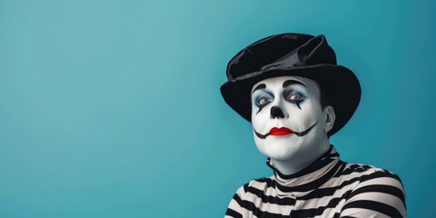 Studio photo of a mime on a blue background. The actor, the model has black and white striped...