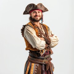 Photo of a model in a pirate costume on a white background. Studio photo of a male captain in a hat...