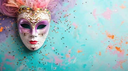 A carnival mask with feathers of white, blue and gold colors lies on the table.  Top view, Festive costume surrounded by confiture