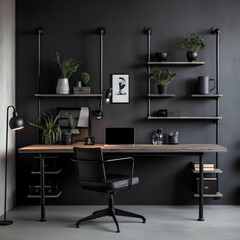 a minimalist home office with an industrial touch. Picture a desk with clean lines, exposed pipes, and raw concrete walls