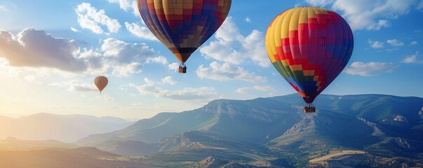 Fototapeta premium Colorful hot air balloon flying with mountain view
