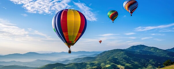 Colorful hot air balloon flying with mountain view