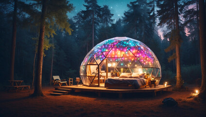 campsite geodesic glamping bubble dome - obrazy, fototapety, plakaty