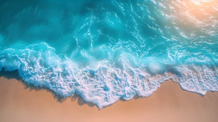 Foto op Aluminium Abstract sand beach from above with light blue water wave and sun lights, generative ai © Chaman