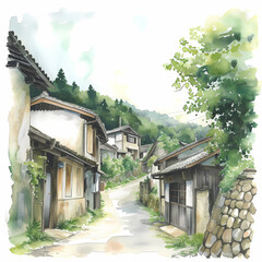A quiet background with country street and beautiful village,watercolor illustration, AI generated.
