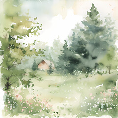 Quiet background with a hut in the forest,watercolor illustration, AI generated.