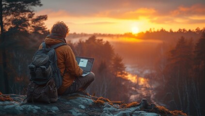 Traveller using laptop enjoys sunset on cliff