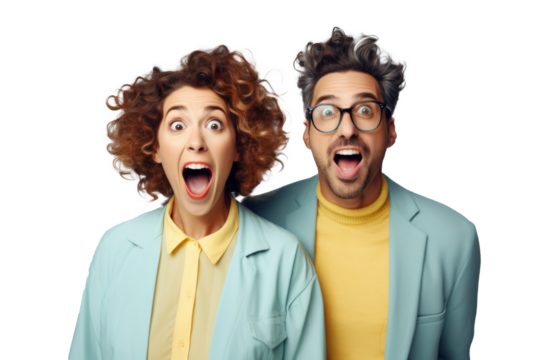 Excited couple with wide-eyed surprise against transparent  background