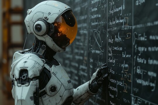 Robot analyzing mathematical equations on board - Powered by Adobe