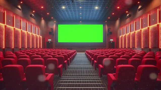 Chroma green screen of cinema movie theater with realistic red rows of seats and chairs with empty copy space background. Movie premiere and Entertainment concept animation looping video style