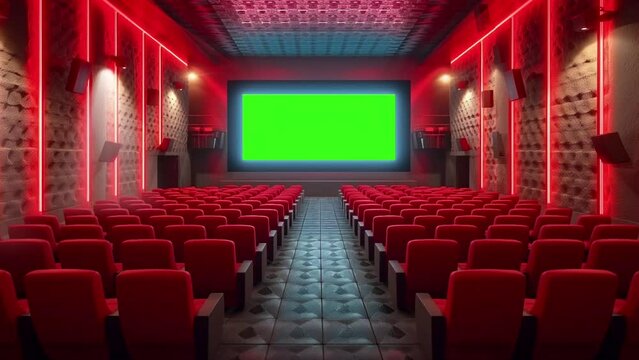 Chroma green screen of cinema movie theatre with realistic red rows of seats and chairs with empty copy space background. Movie premiere and Entertainment concept animation looping video style