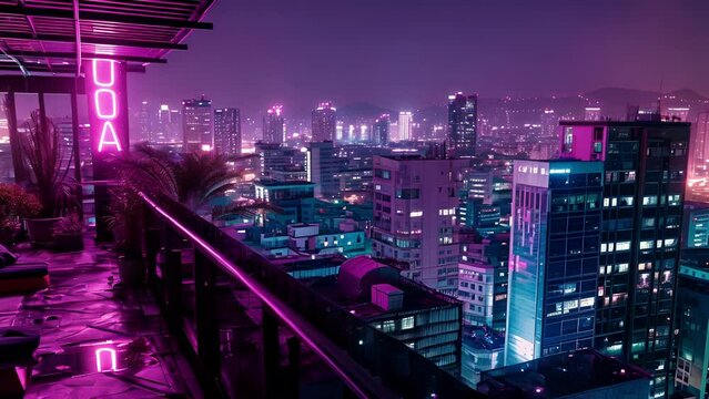 A dark purple neon sign spelling out Rooftop Oasis against a backdrop of ling city lights.