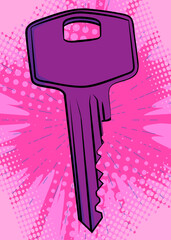 Cartoon Key, comic book home accessory. Retro vector comics pop art design.