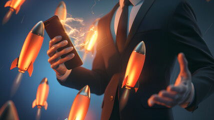 An energetic businessman uses his smartphone, with ignited rockets soaring in the background, a metaphor for rapid technological advancement and connectivity.
