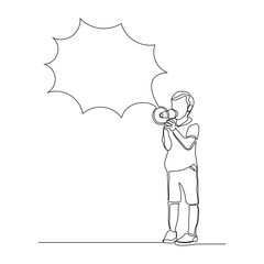 Continuous single line sketch drawing of kid boy holding megaphone speaker with bubble chat. One line art of sound tool equipment vector illustration
